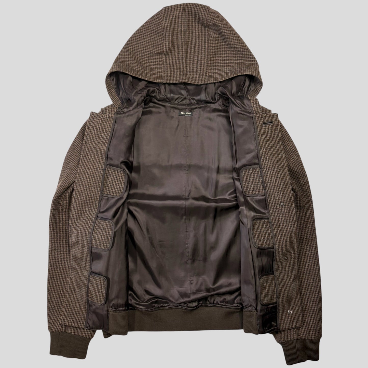 Miu Miu 00’s Herringbone Wool Cropped Duffle Toggle Jacket - IT52 | O/S, Charcoal Brown