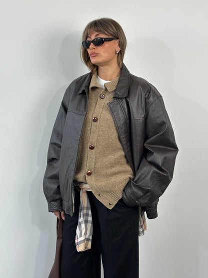 Vintage 1990s Concealed Placket Leather Bomber Jacket - XL/XXL