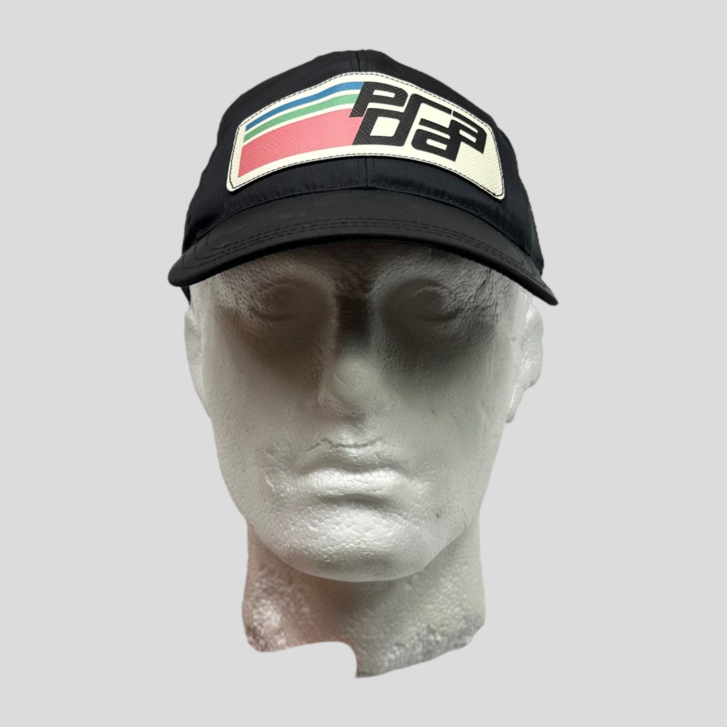 Prada Milano 2017 Saffiano Leather Race Logo Nylon Cap - M/L | O/S, Black