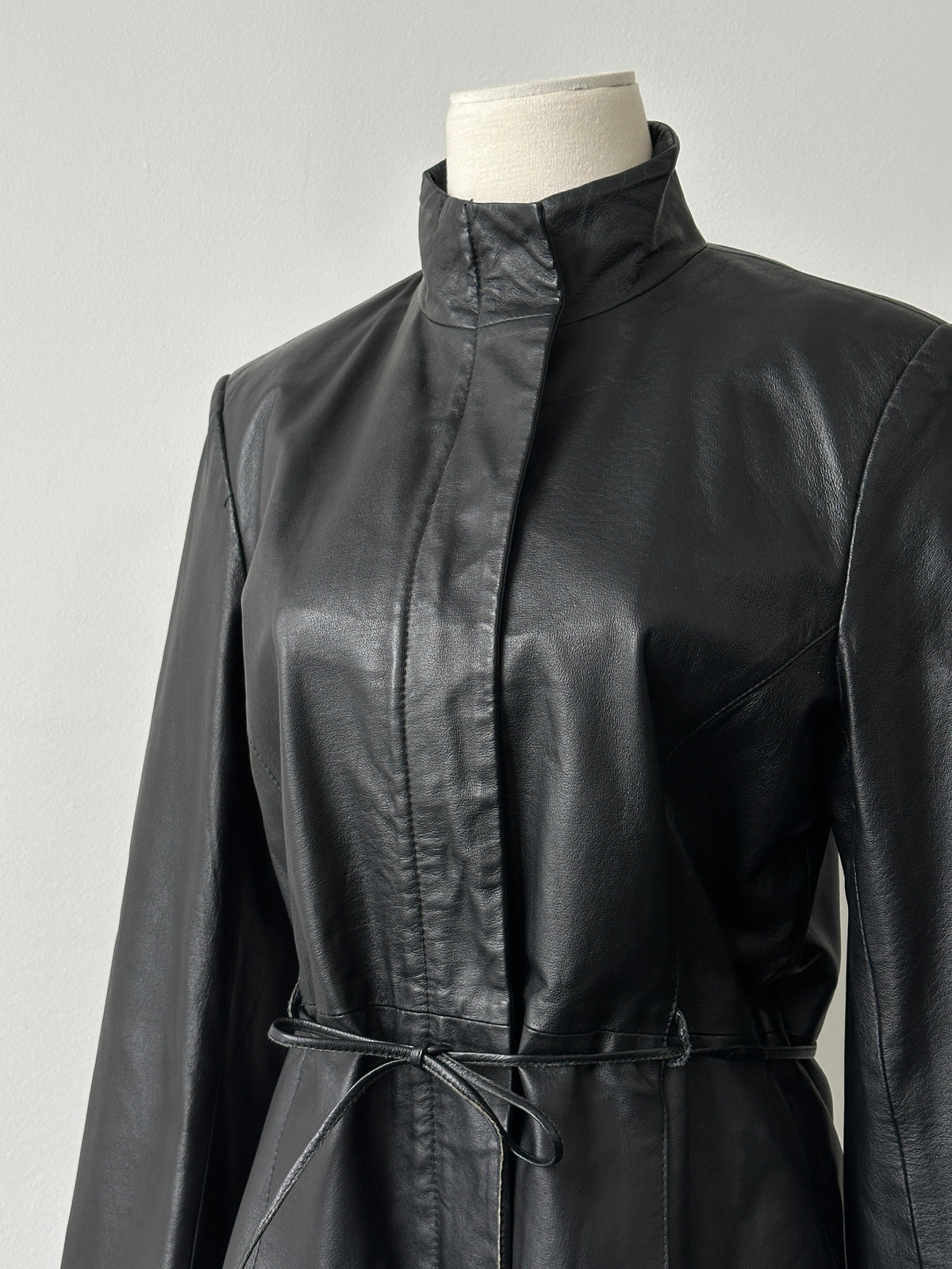 Vintage 2000s Tie Belt High Neck Leather Jacket -