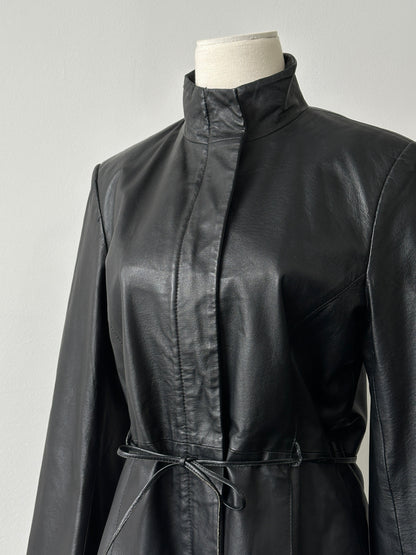 Vintage 2000s Tie Belt High Neck Leather Jacket -