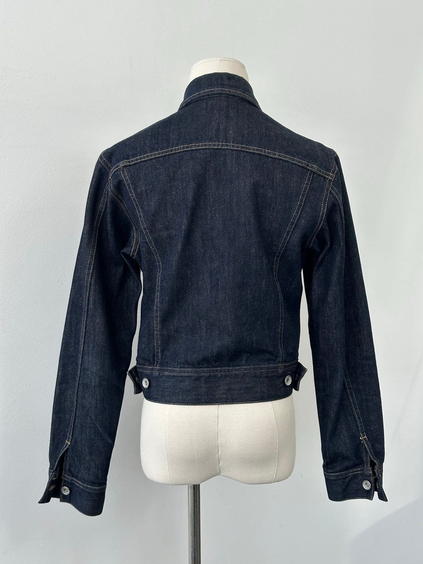 DKNY jeans 2000s pure cotton fitted denim jacket, front view showing classic blue denim, button closure, and fitted style.