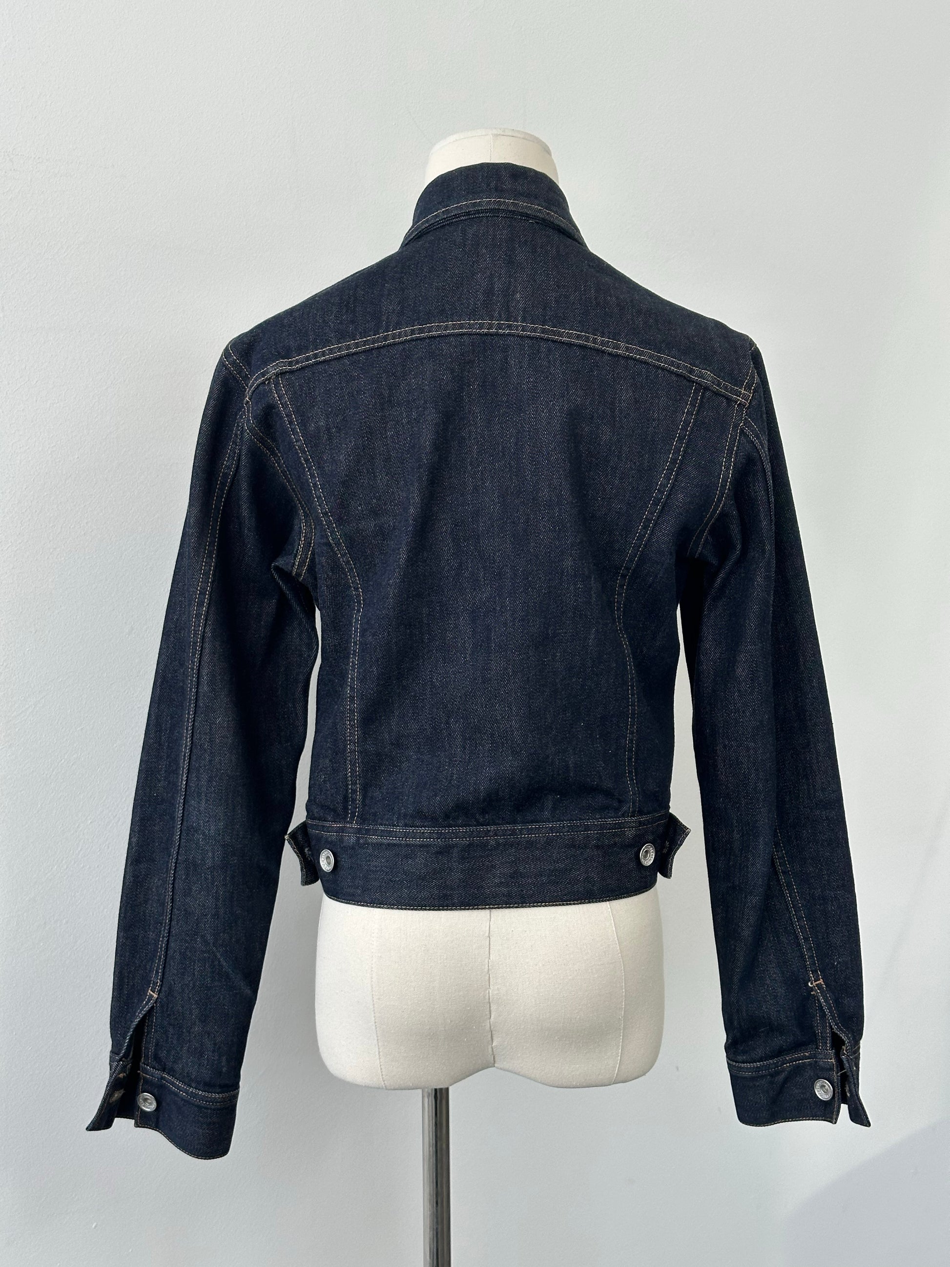 DKNY jeans 2000s pure cotton fitted denim jacket, front view showing classic blue denim, button closure, and fitted style.