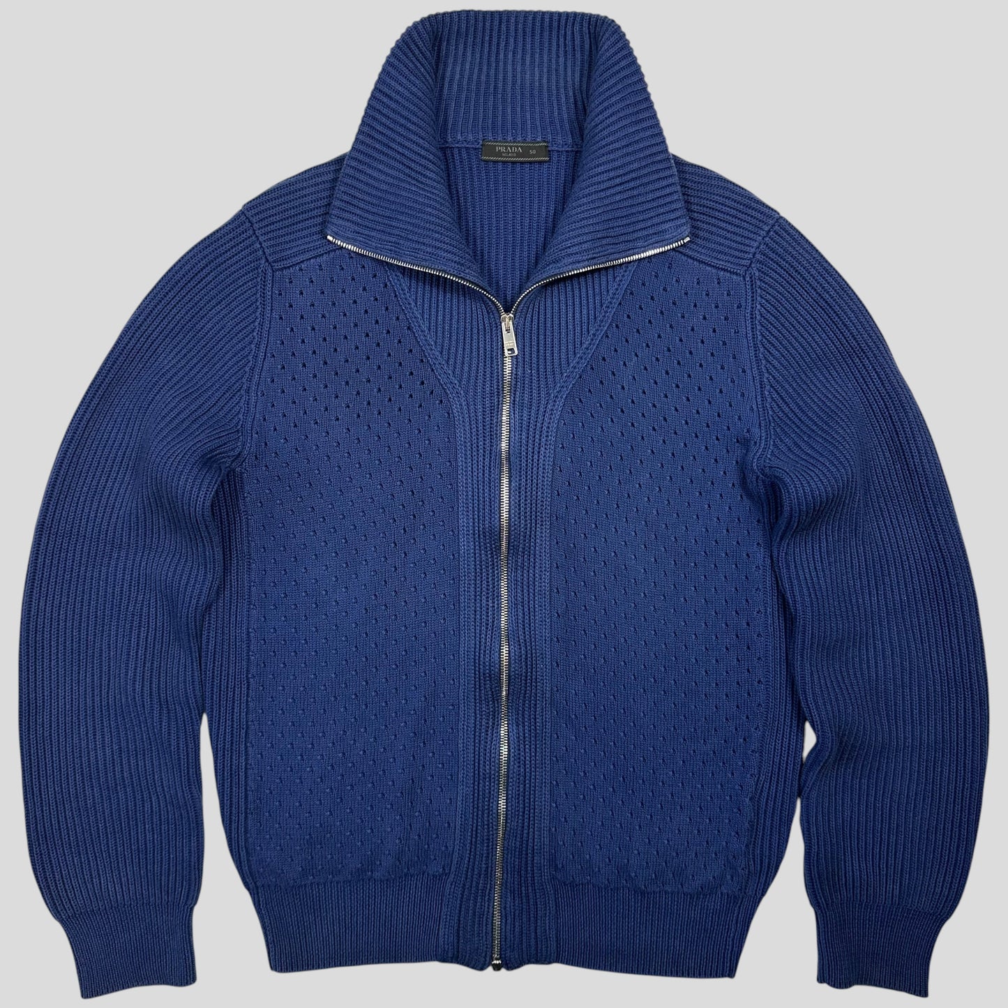 Prada Milano 2018 Perforated Heavy Cable Knit Cardigan Jacket - M | Default Title, Blue