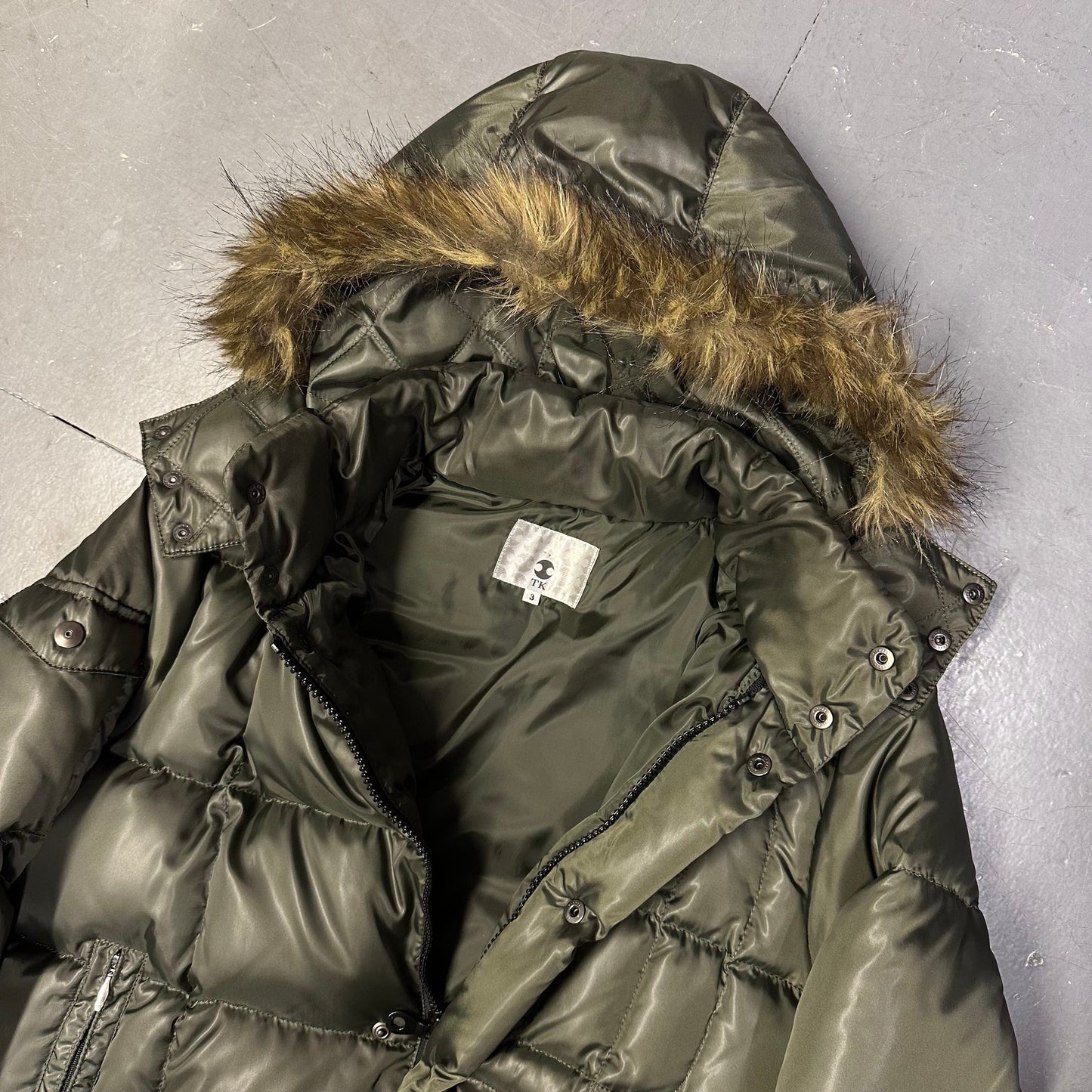 Takeo Kikuchi Puffer Jacket With Fur Hood In Olive Green ( L )