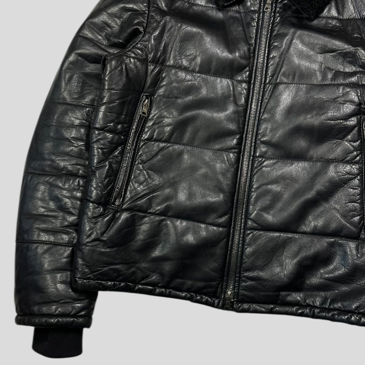 Prada Sport 00’s Leather Aviator Shearling Fur Collar Hooded Puffer - IT52 (L) | Large, Black