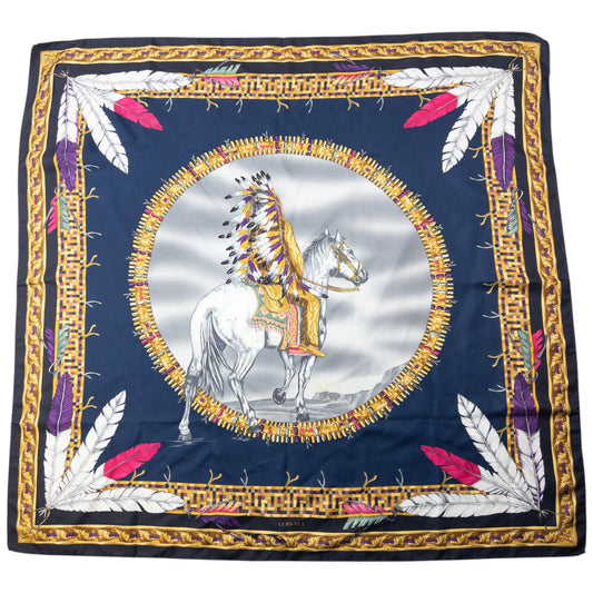 Versace Native American Print Silk Scarf | O/S, Navy Blue, Gold, Red, White, Yellow