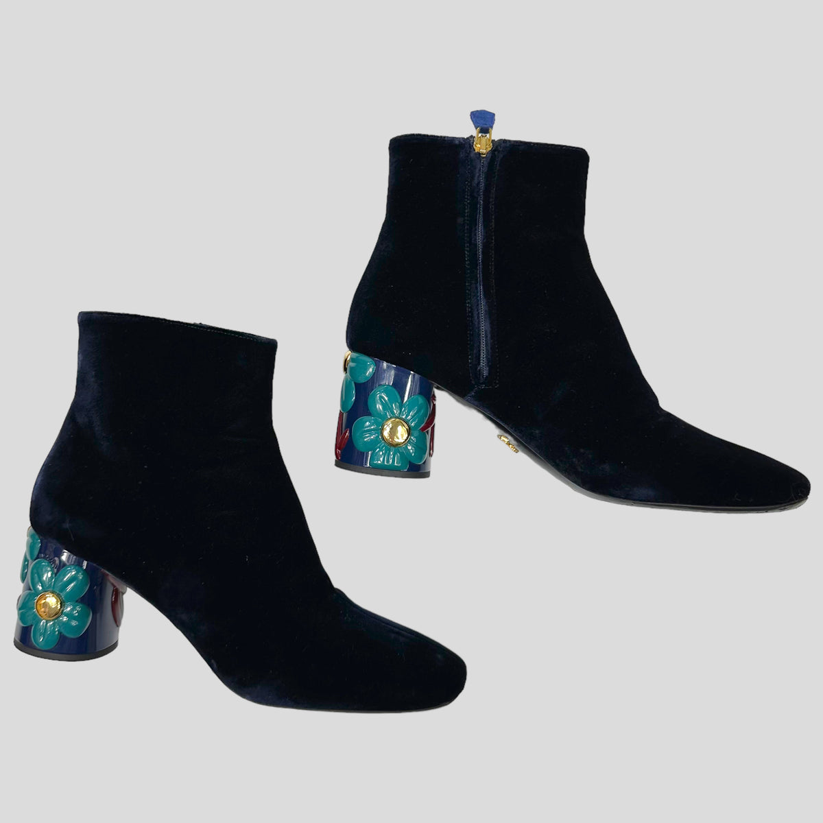 Prada Milano Floral Heel Blue Velvet Boots - UK7 | Navy