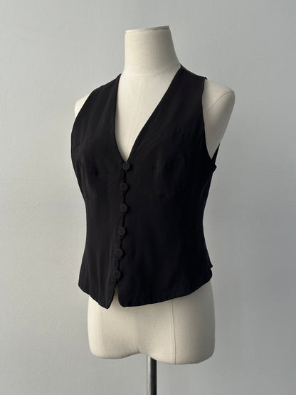 Emporio Armani 1990s fitted tailored single-button waistcoat in dark fabric, showcasing classic design and sleek silhouette.