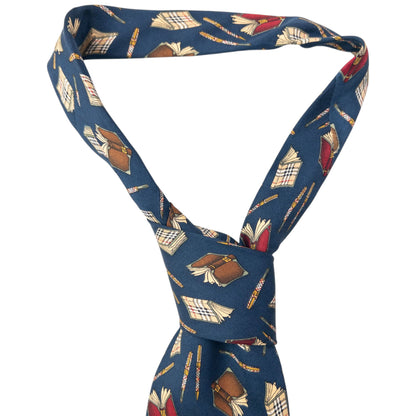 Vintage 90s Burberry Book & Pen Pattern Silk Tie | O/S, Blue