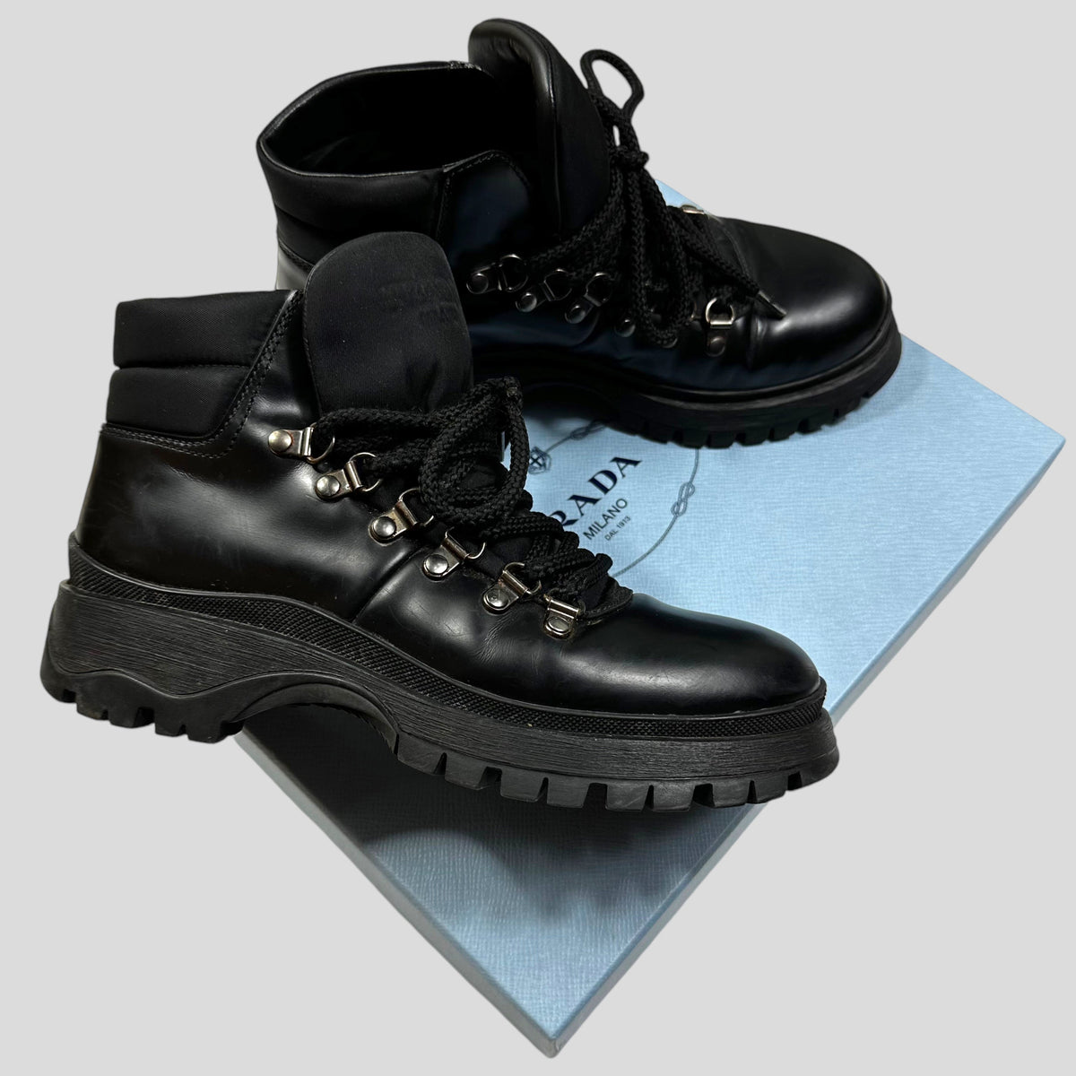 Prada Milano 90’s Leather + Nylon Combat Boots - UK4 | Black