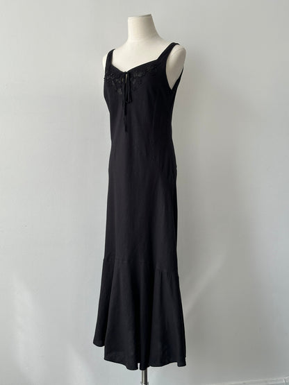 Vintage 1990s Linen Beaded Floor Length Dress - S