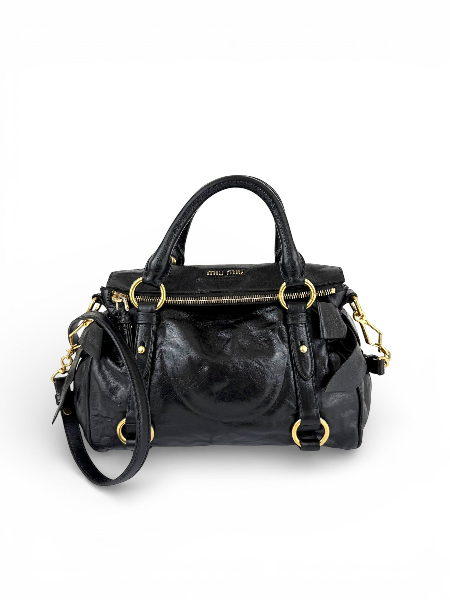 2012 Miu Miu Vitello Shine Leather 2way Bow Black Handbag | O/S, Black