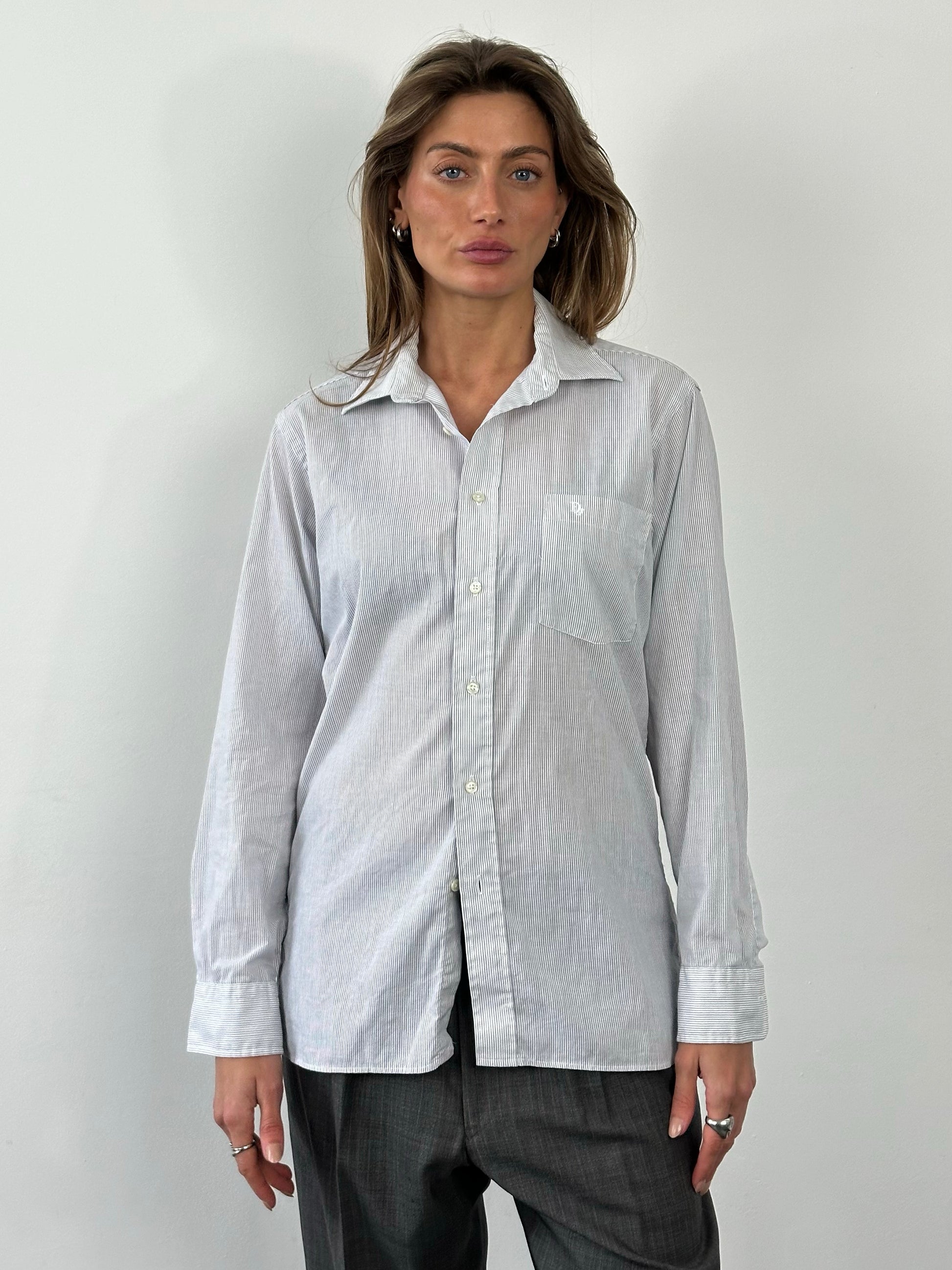 Christian Dior Monsieur 1990s cotton striped logo shirt, men's size M, featuring classic Dior branding and casual striped design.
