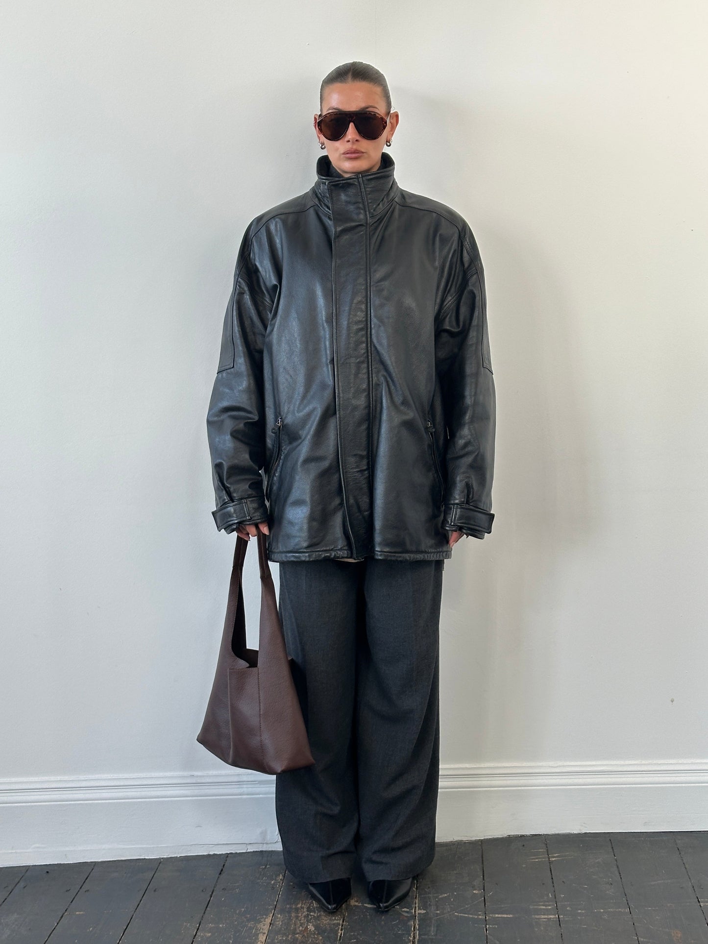 Armani Jeans 2000s High Neck Double Zip Leather Jacket - XXL