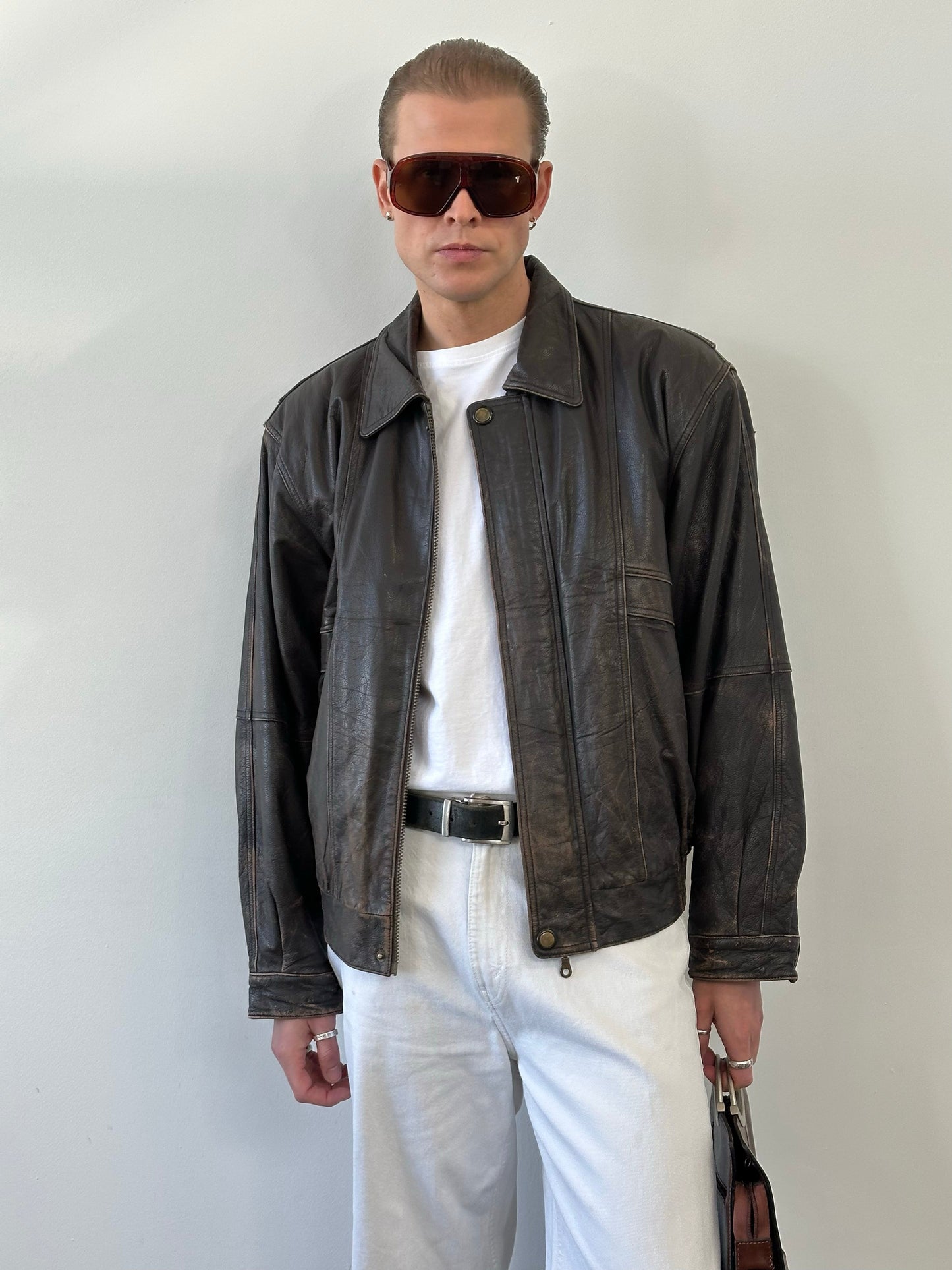 Vintage 1990s Distressed Leather Bomber Jacket - XL