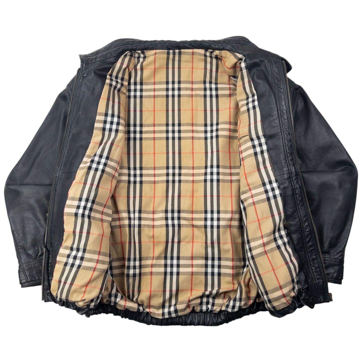 Vintage 90s Burberry Nova Check Lined Leather Jacket Size L