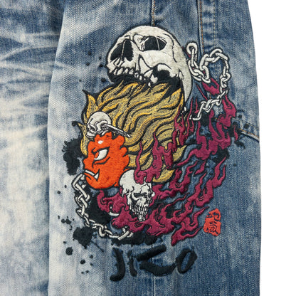 Vintage Jizo Bosatsu Embroidered Skull Japanese Denim Jeans Size W31