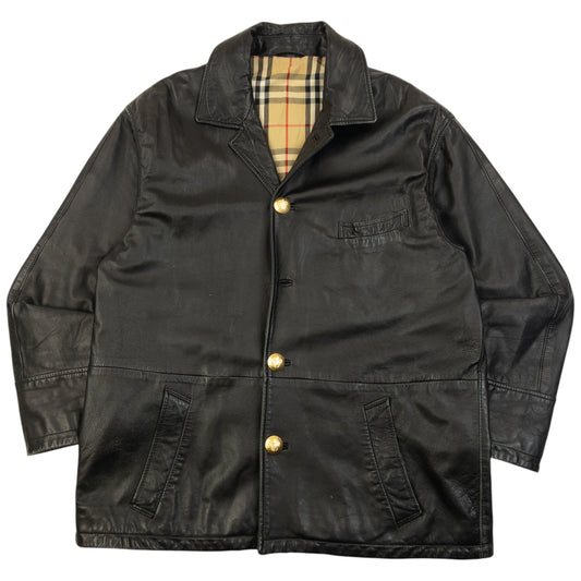 Vintage 2000s Burberry Nova Check Lined Leather Jacket Size M | Medium, Black