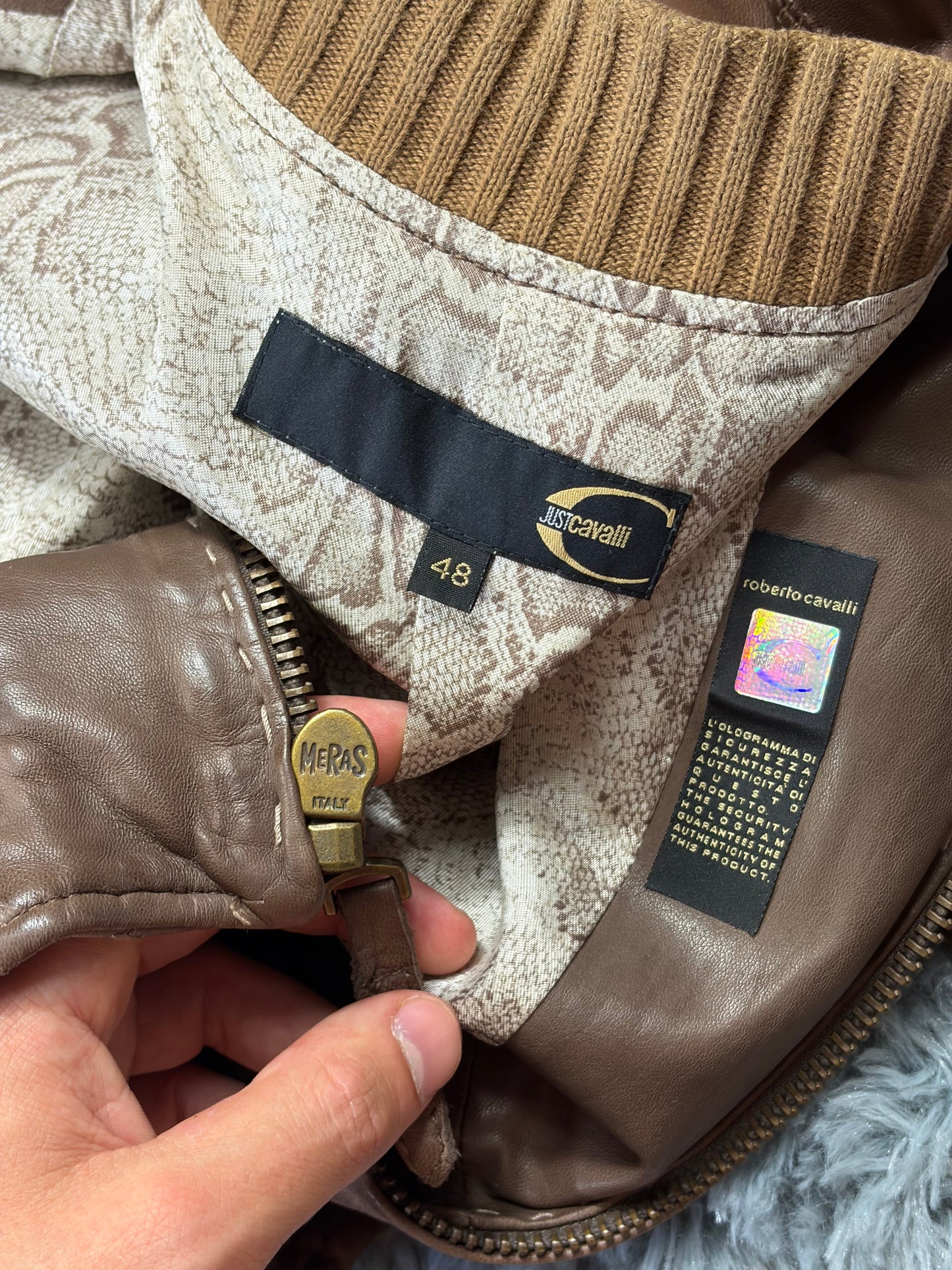 Just Cavalli SS07 Leather 3D Cargo Pocket Pleated Western Bomber - M | O/S, Brown