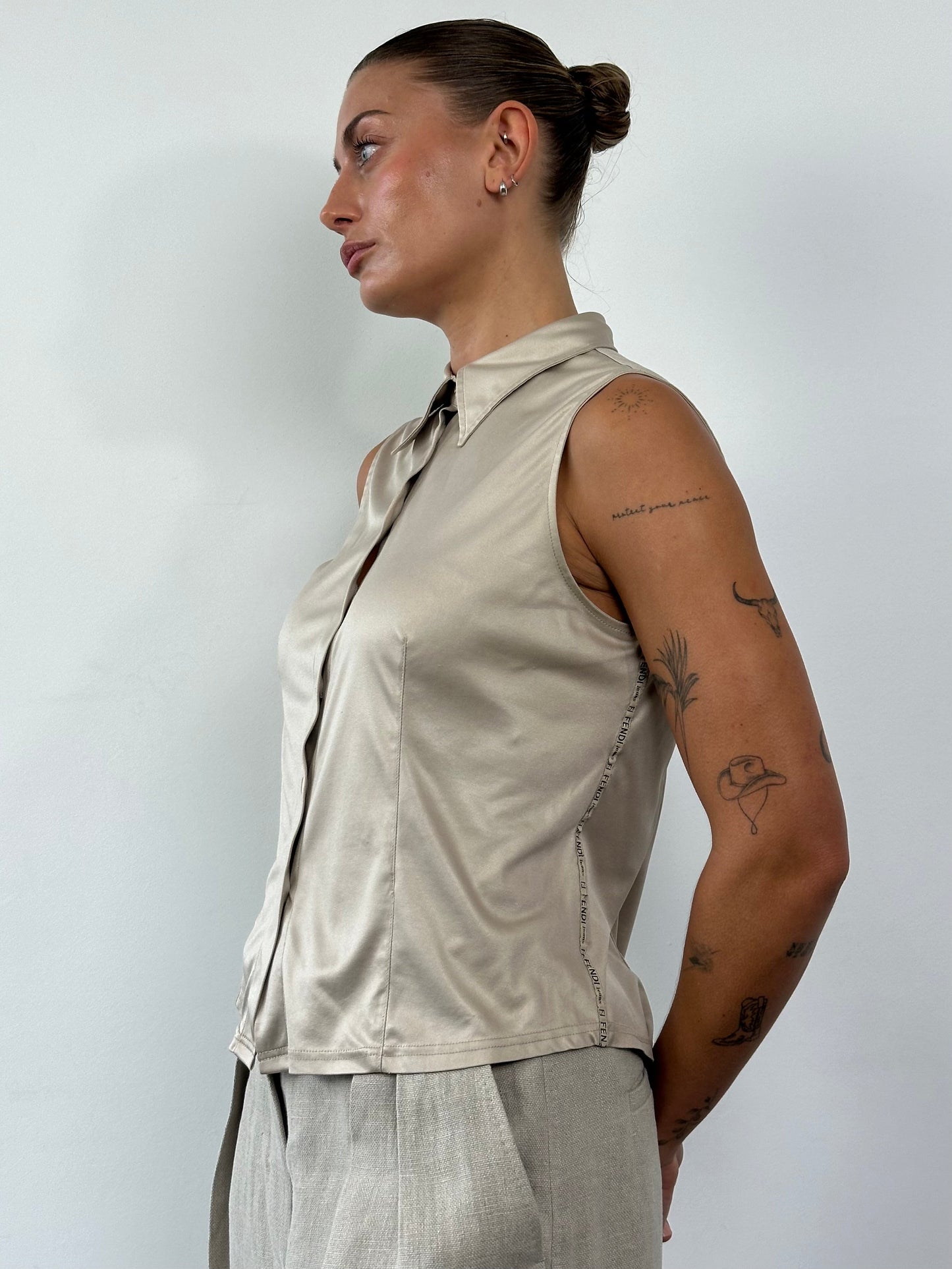 Fendi Sleeveless Satin Logo Shirt - M/L