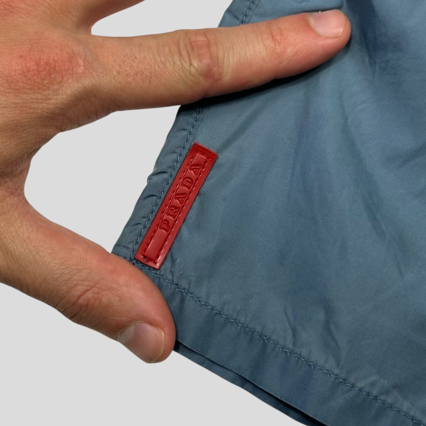 Prada 2014 Metallic Blue Red Tab Nylon Swim Shorts - M
