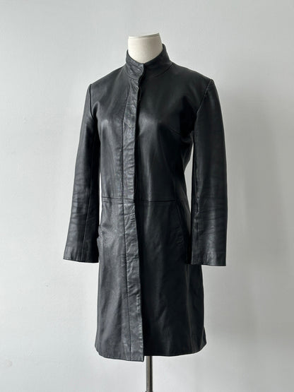 Vintage 1990s High Neck Concealed Placket Leather Trench Coat - XS-S