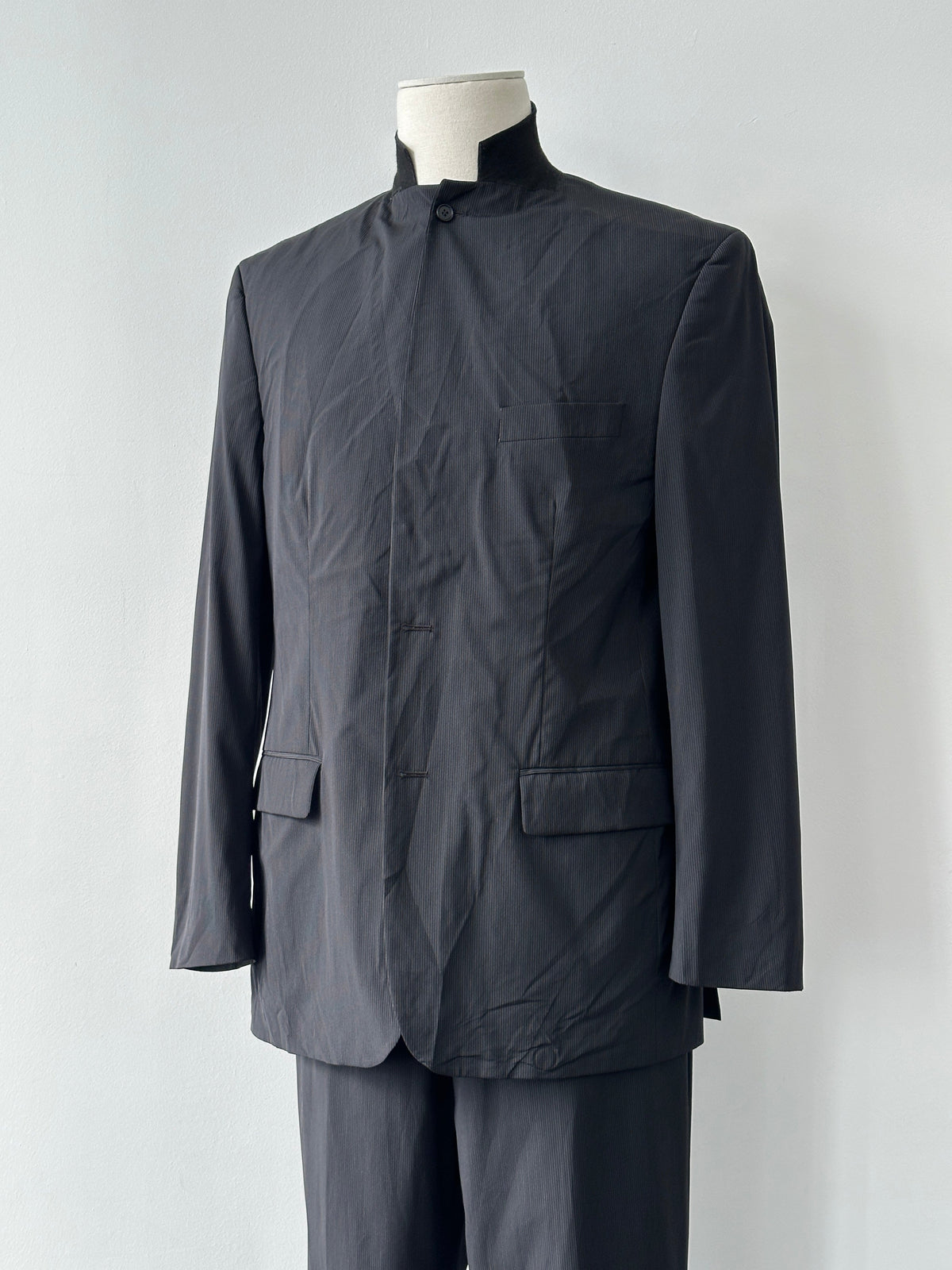 Vintage 2000s Wool Pinstripe High Neck Tailored Suit - 44R/W34