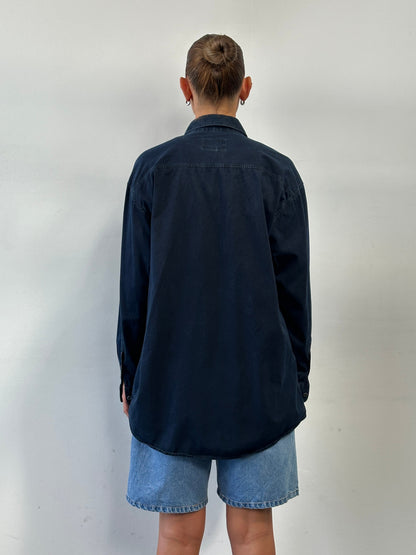 Armani Jeans 1990s pure cotton denim logo shirt, XL size, showcasing classic denim fabric and embroidered Armani logo.