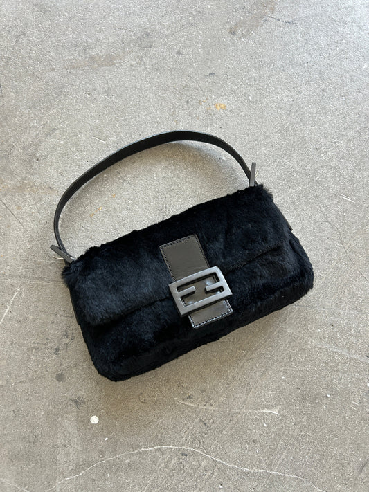 Vintage Fendi Black Lapin Fur Baguette Shoulder Bag (90s) | O/S, Black