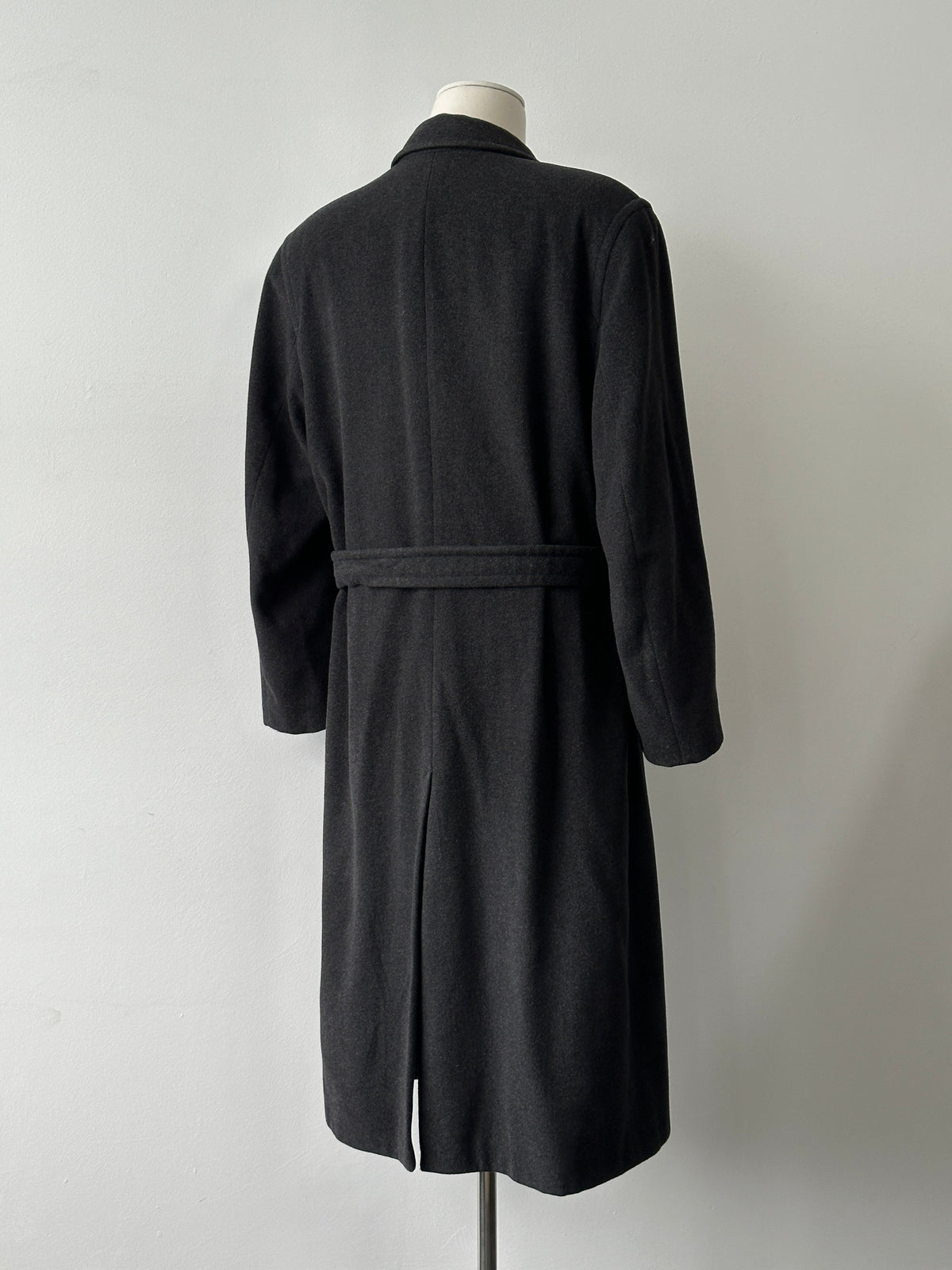 Vintage 1990s wool cashmere high neck belted coat, size L, featuring classic design and neutral color, suitable for stylish cold-weather wear.