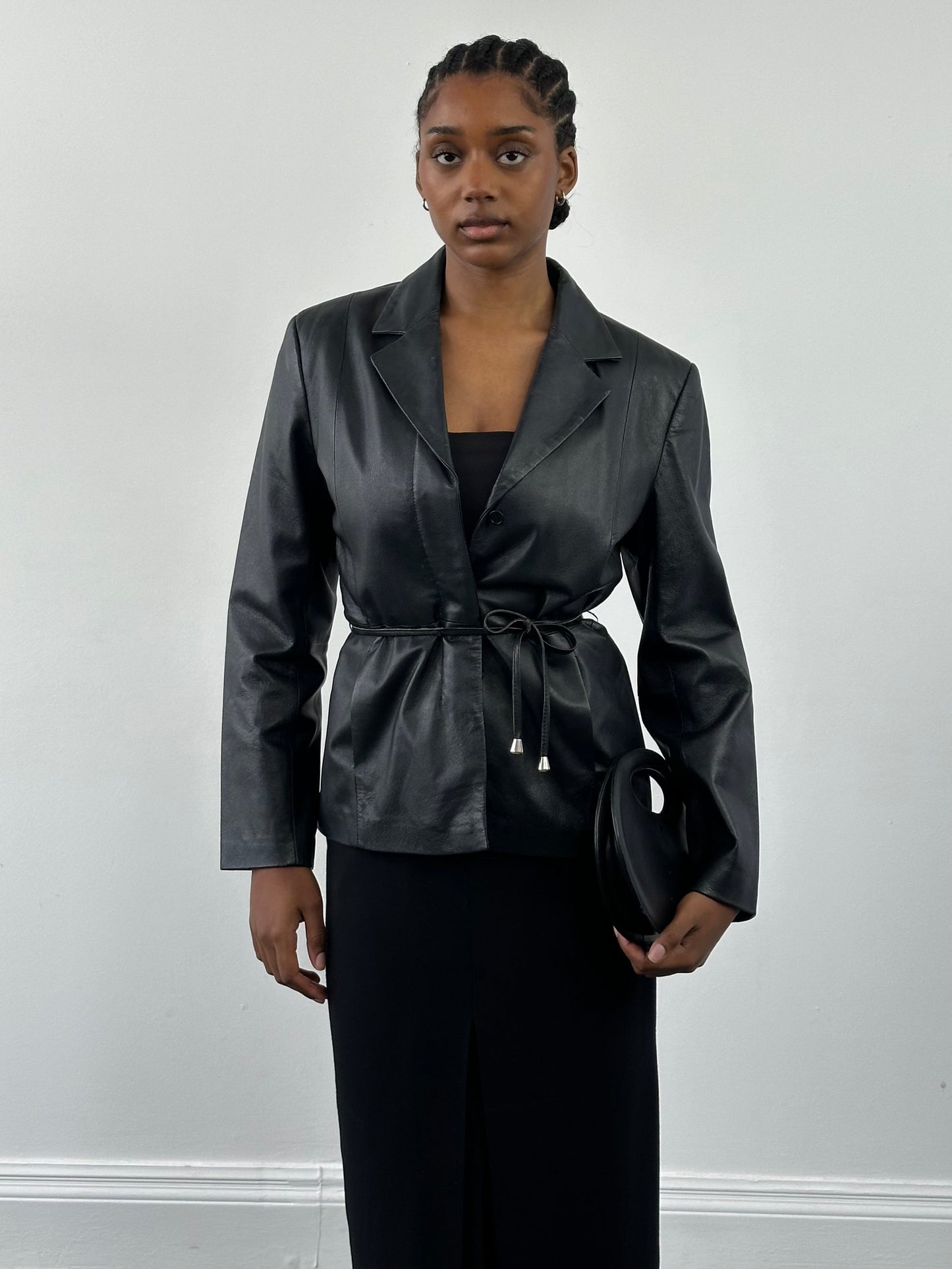 Vintage 2000s Minimal Tie Belt Leather Jacket - S
