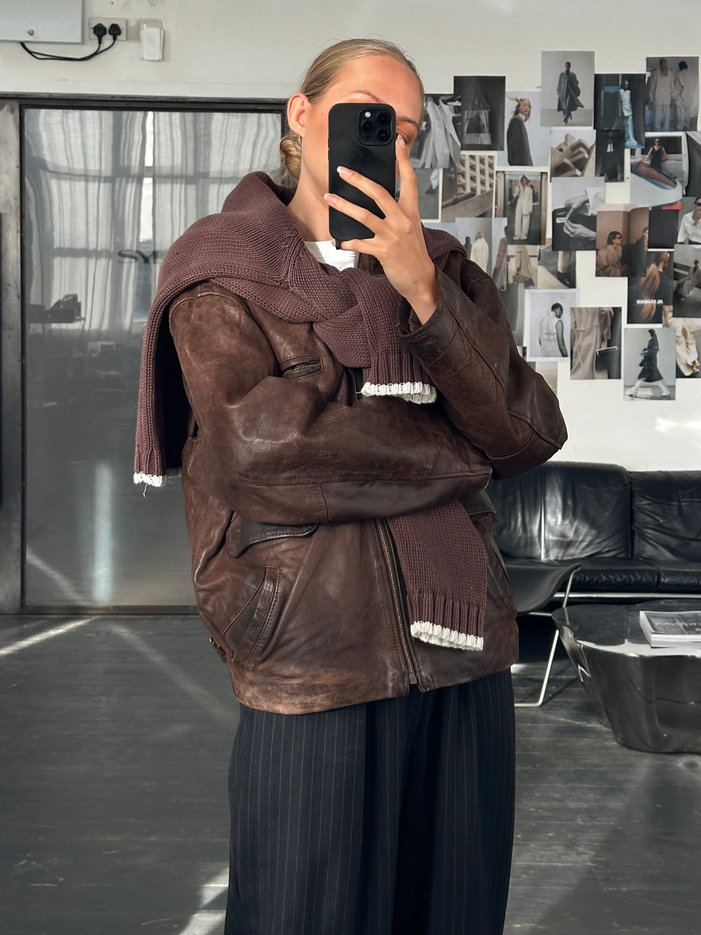 French Vintage 1980s Aged Boxy Leather Jacket - L