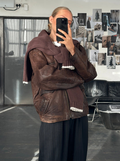 French Vintage 1980s Aged Boxy Leather Jacket - L