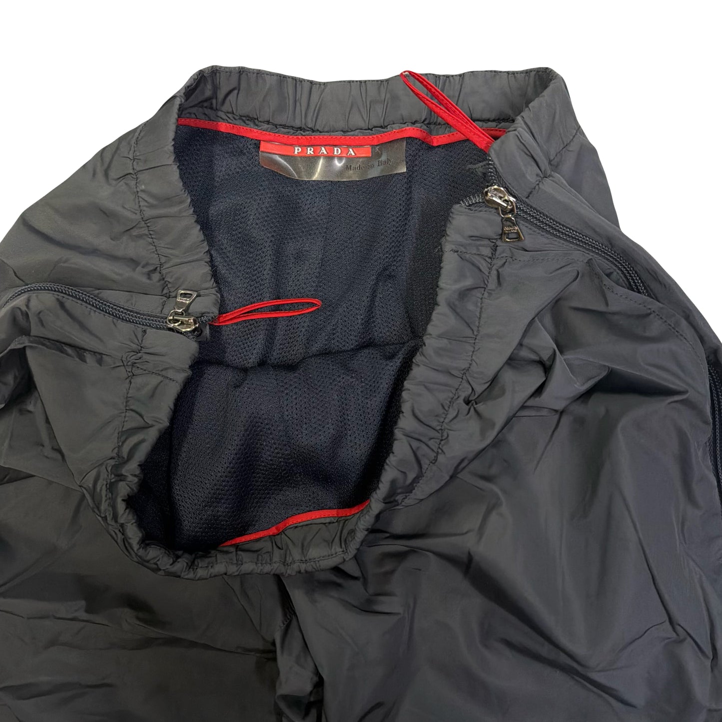 Prada Sort Full Zip Nylon Trousers In Charcoal Grey (W32)