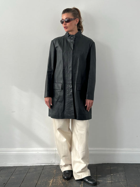 Vintage 1990s Collarless Leather Trench Coat - L/XL