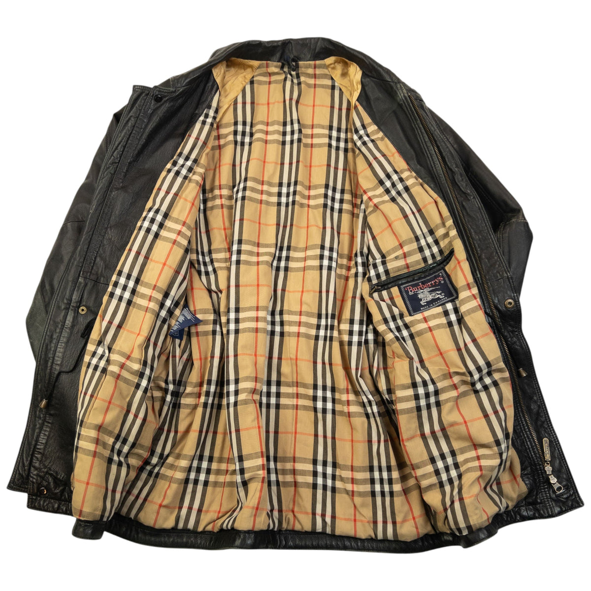 Vintage 90s Burberry Nova Check Lined Leather Jacket Size M | Medium, Black