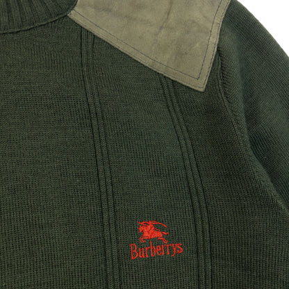 Vintage 90s Burberry Suede Patch Wool Jumper Size M | Medium, Green