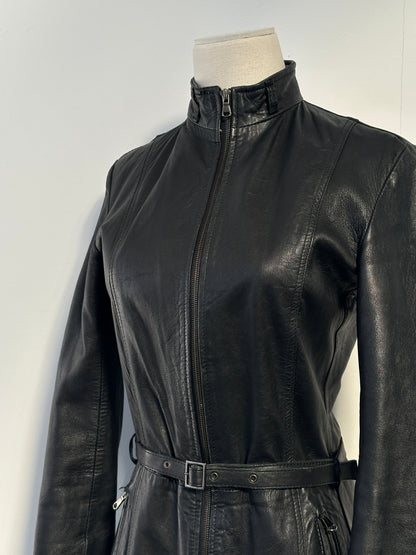 Italian vintage 1990s double zip belted leather jacket, XS, with classic design and textured leather from the Vintage brand.