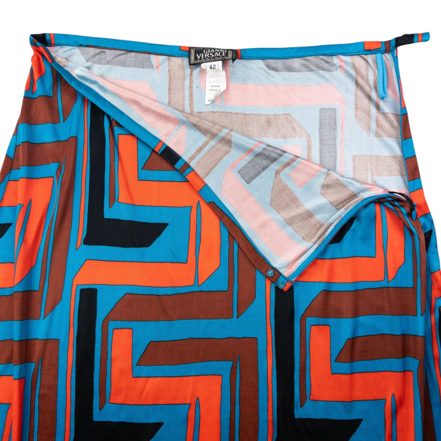 Vintage 90s Gianni Versace Couture Pattern Skirt Womens Size W27 | W28, Orange, Blue, Brown, Black