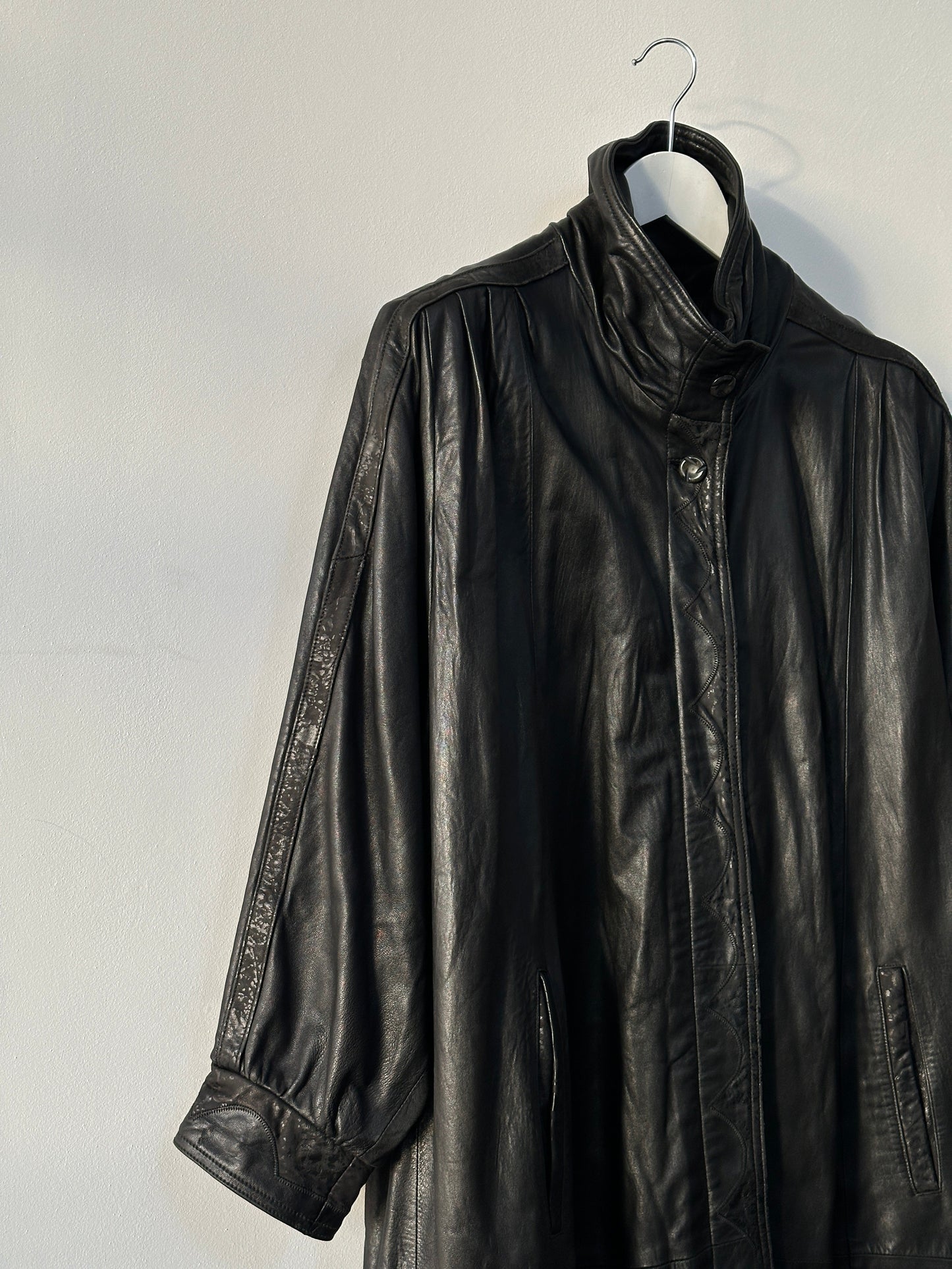 Vintage High Neck Leather Trench Coat - XL