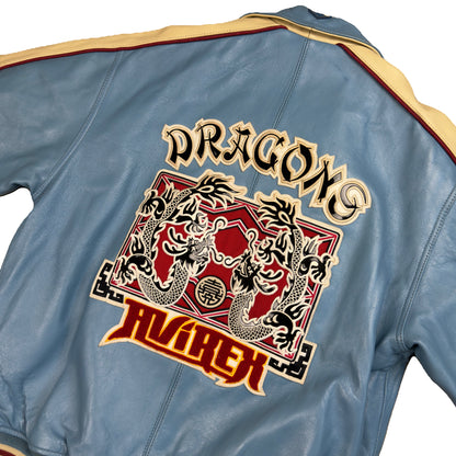 Avirex Dragons Leather Jacket In Blue & Beige (L) | Large, Beige