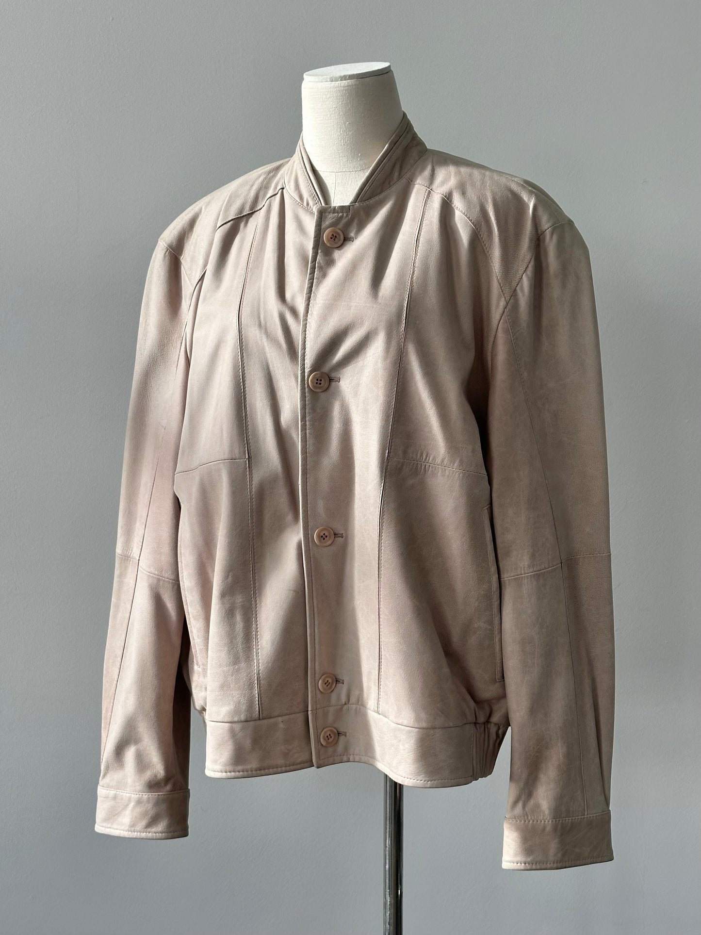 Vintage 1990s Leather Collarless Bomber Jacket - L/XL