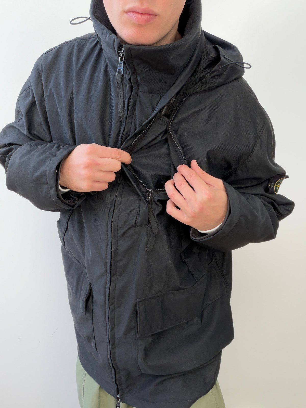Stone Island AW00 Nylam Dutch Rope Liner Asymmetrical Overcoat | XX-Large, Black