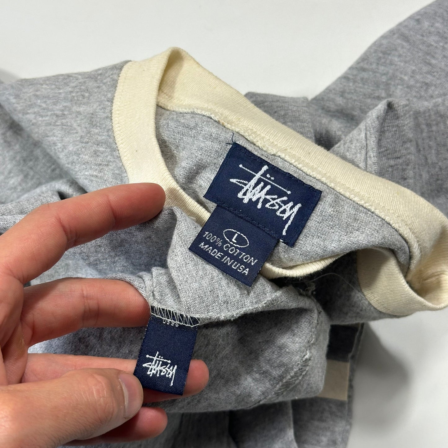 Stussy 90’s Made in USA Stock Logo Striped Crewneck T-shirt - L | Default Title, Grey