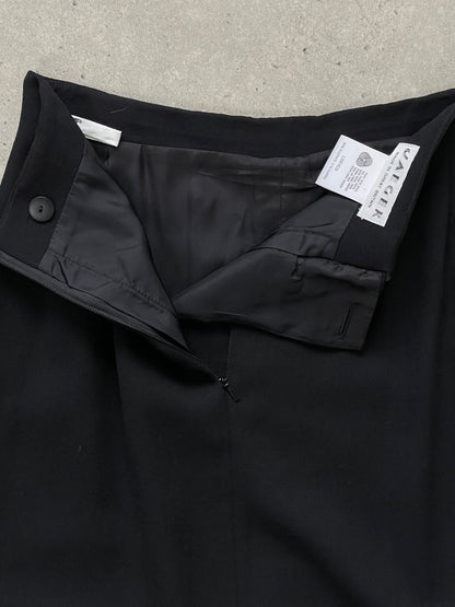Jaeger 1990s pure wool side split maxi skirt in neutral tones, displayed on a hanger against a plain background.