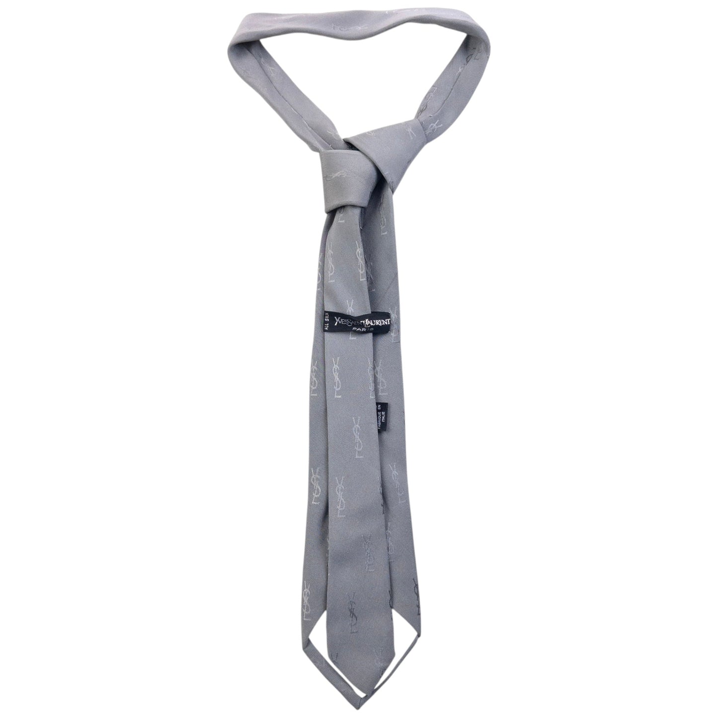 Vintage 90s YSL Yves Saint Laurent Monogram Silk Tie | O/S, Grey