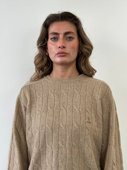 Trussardi Pure Wool Cable Knit Logo Jumper - L