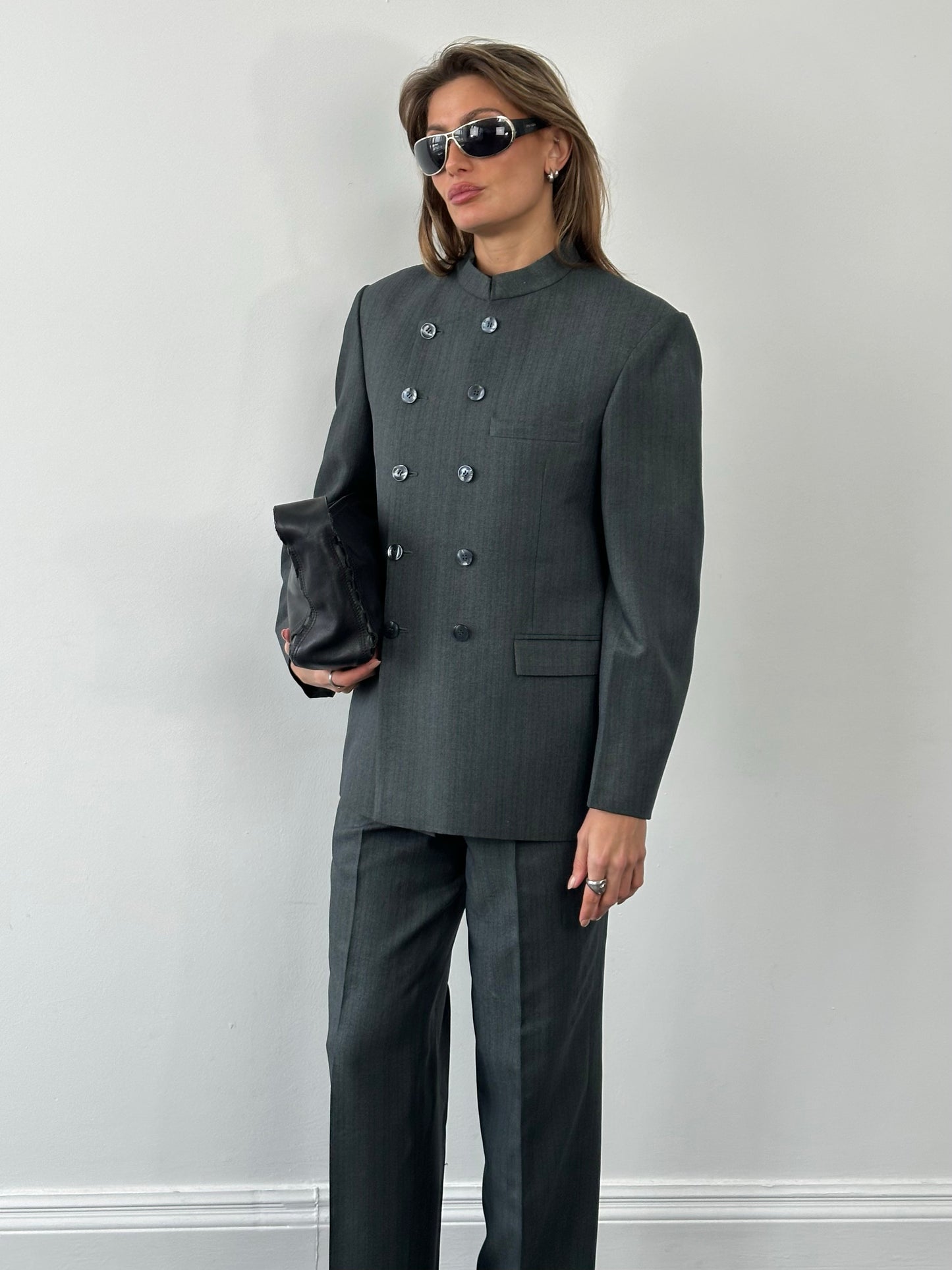 Vintage 1990s Stand Collar Double Breasted Stripe Suit - 38R/W29