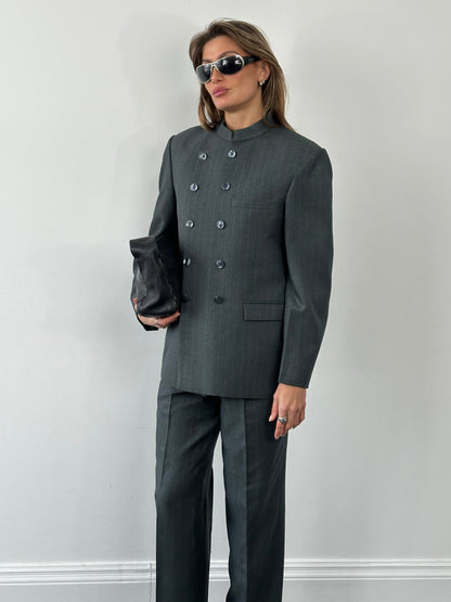 Vintage 1990s Stand Collar Double Breasted Stripe Suit - 38R/W29